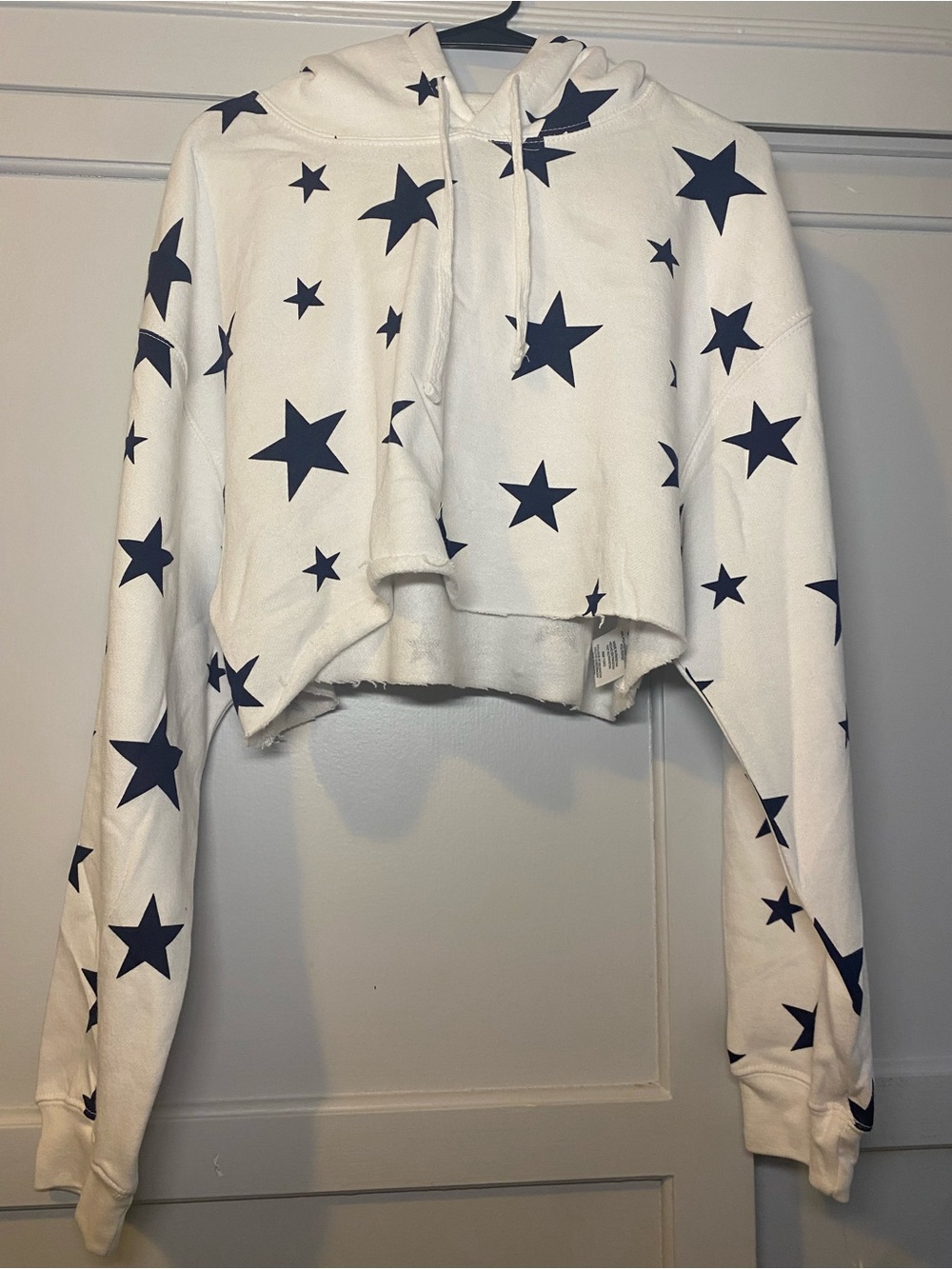 White Cropped Star Hoodie - Navy Stars - size Large